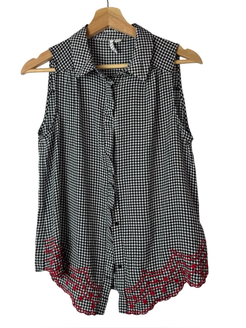 Elle Black & White Gingham Plaid Button Down Red Embroidered Sleeveless Top XS